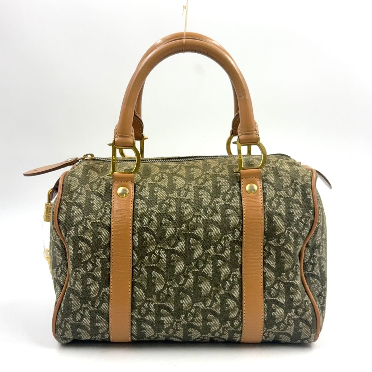 Dior Trotter Mini Leather Canvas Khaki Green Light Brown Boston Bag Gold