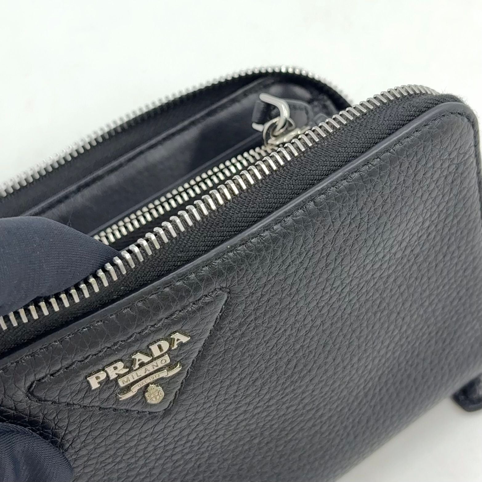 Prada Vitello Daino Zip Around Leather Black Wallet Silver — view 8