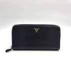 Prada Vitello Daino Zip Around Leather Black Wallet Silver