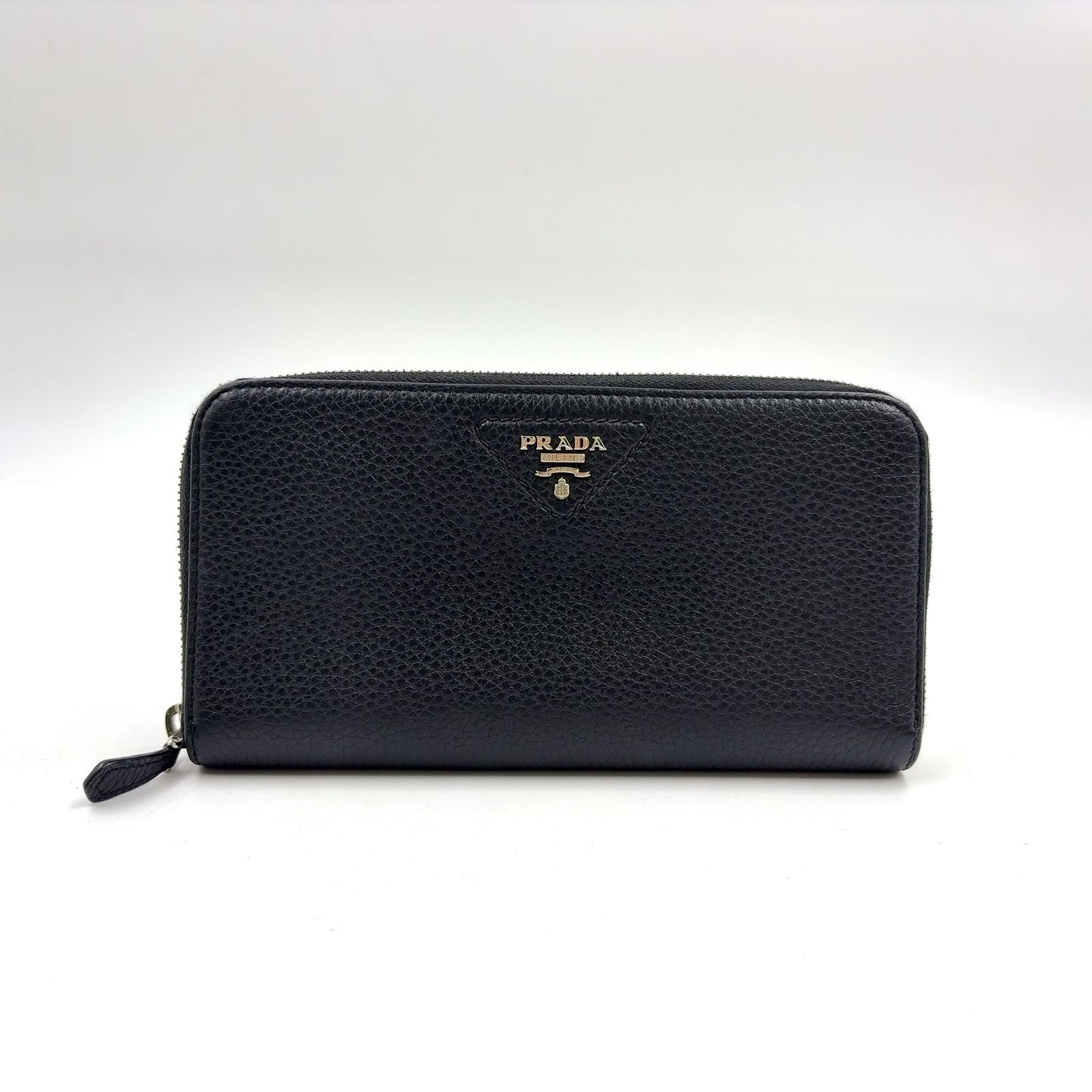 Prada Vitello Daino Zip Around Leather Black Wallet Silver