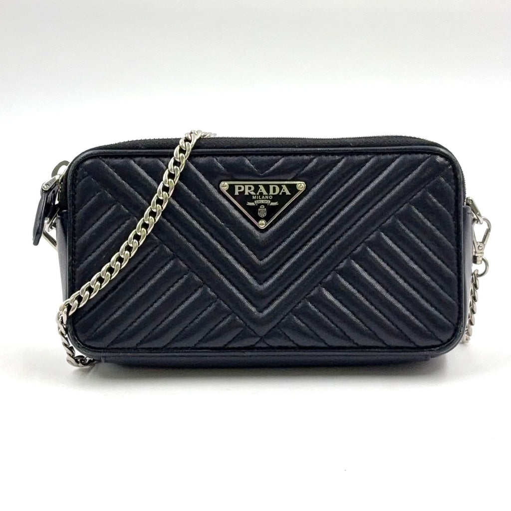 Prada Diagram Nappa Impunture Leather Black Chain Shoulder Bag Silver