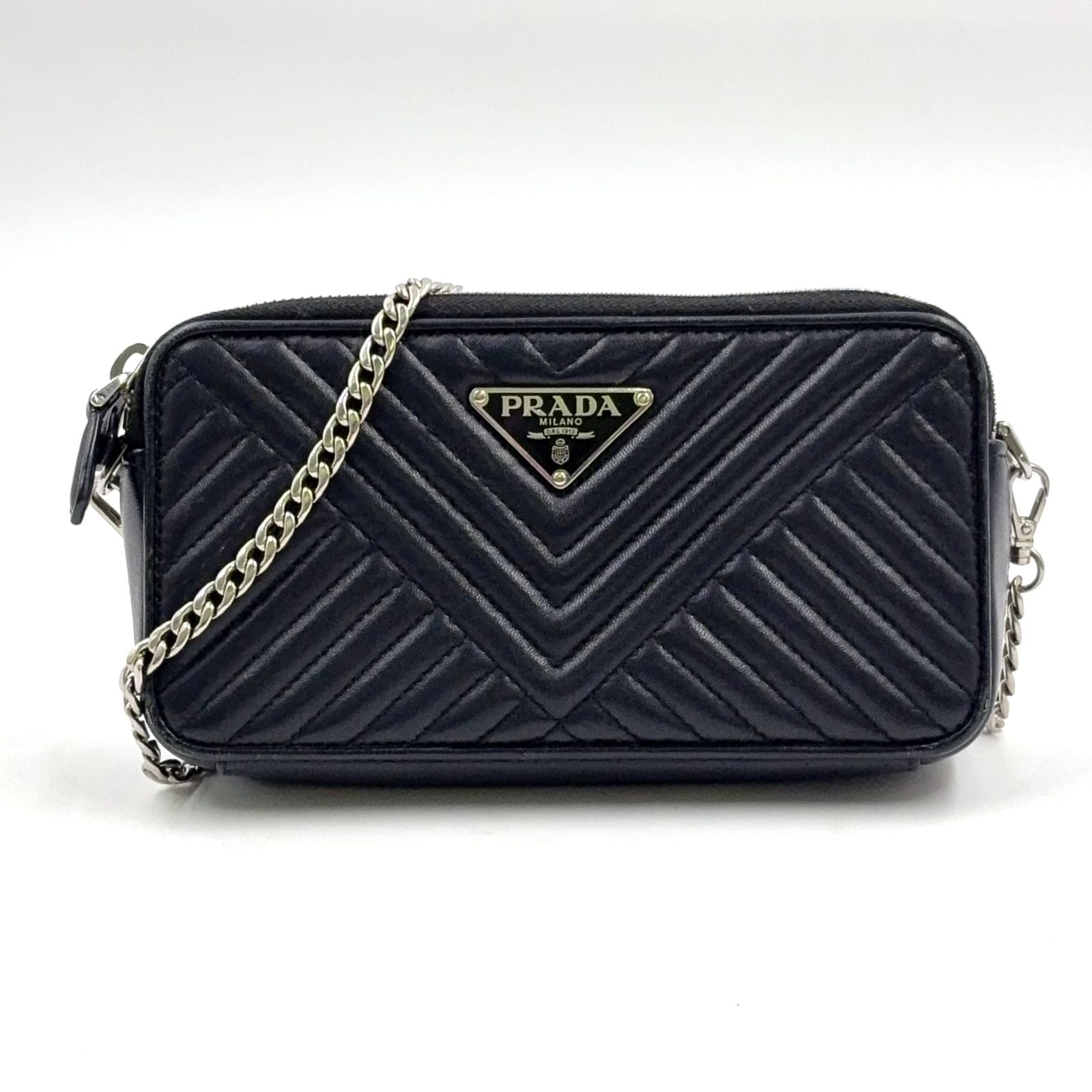 Prada Diagram Nappa Impunture Leather Black Chain Shoulder Bag Silver