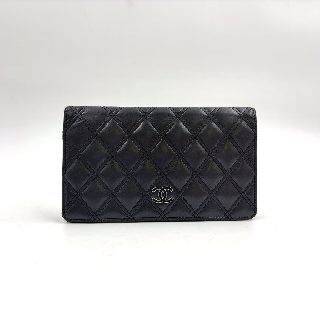 Chanel Quilted Lambskin Black Bifold Wallet Silver
