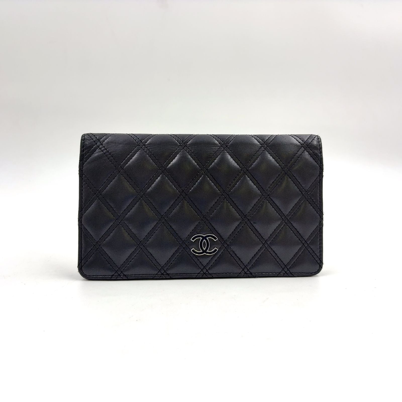 Chanel Quilted Lambskin Black Bifold Wallet Silver
