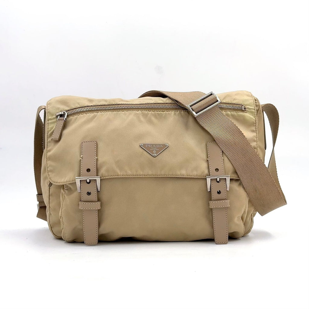 Prada Double Belt Nylon Beige Shoulder Bag Silver