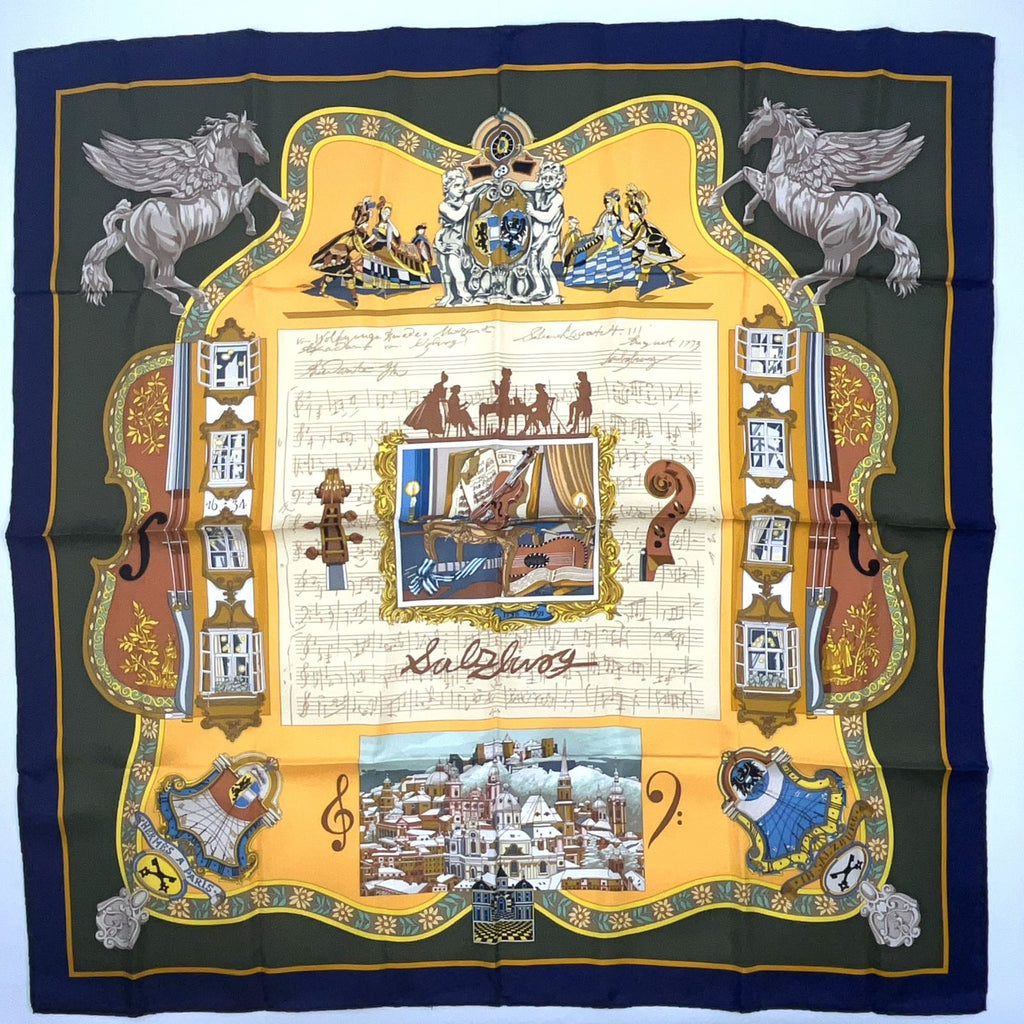 Hermes Carre 90 in Salzburg Silk Yellow Green Navy Scarf