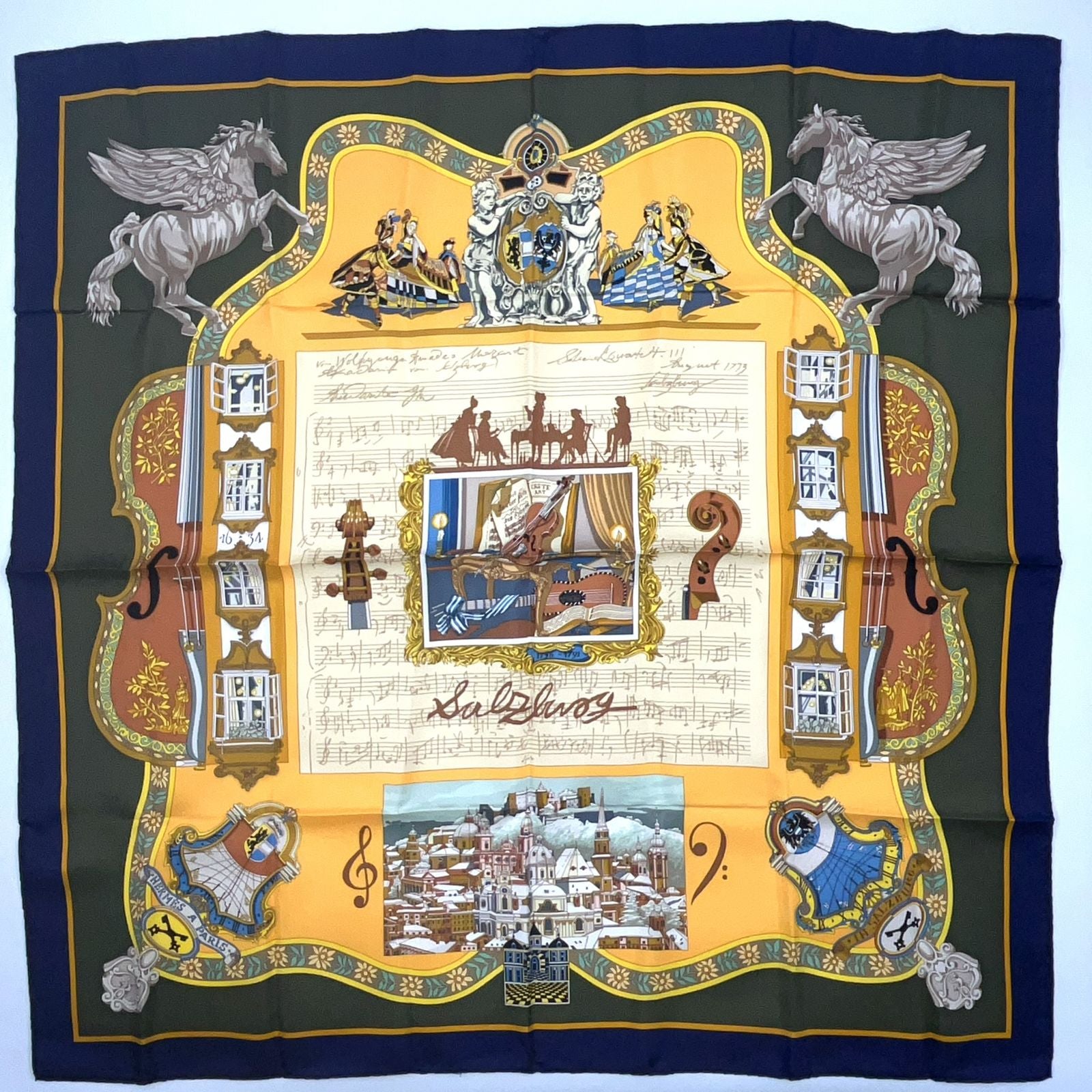 Hermes Carre 90 in Salzburg Silk Yellow Green Navy Scarf