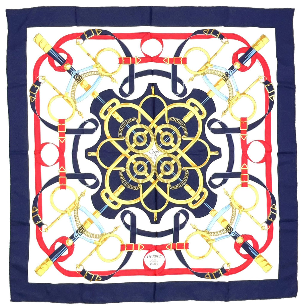 Hermes Carre 90 Eperon D'or Silk Navy White Red Scarf
