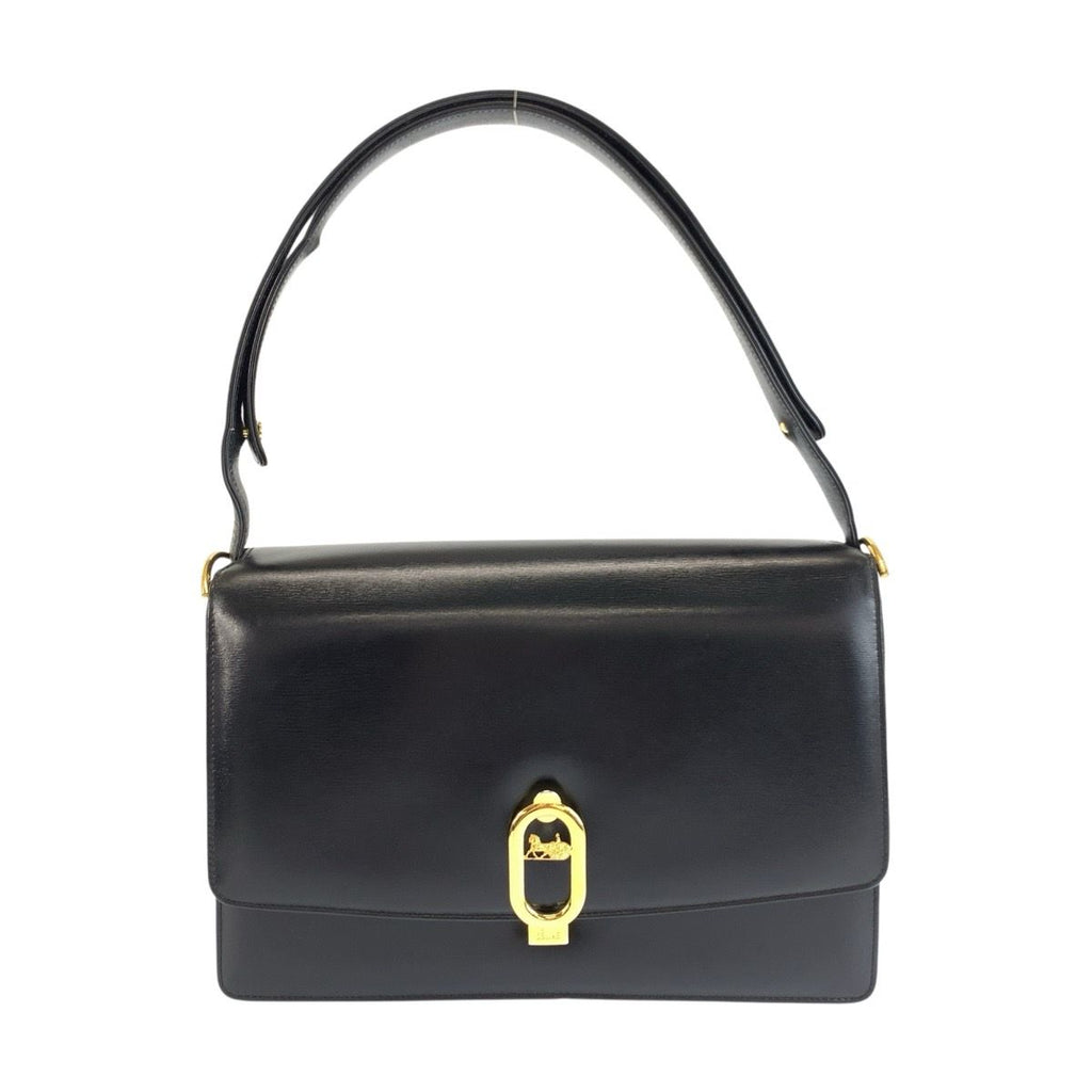 Celine Vintage Carriage Black Gold Leather Shoulder Bag