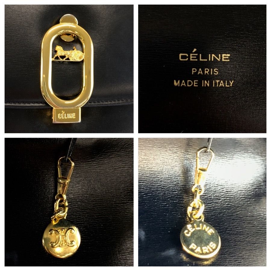 Celine Vintage Carriage Black Gold Leather Shoulder Bag — view 4