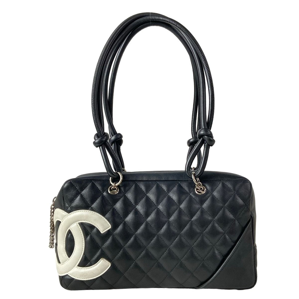Chanel Shoulder Bag Cambon Line Black White CC Logo Silver Leather