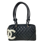 Chanel Shoulder Bag Cambon Line Black White CC Logo Silver Leather