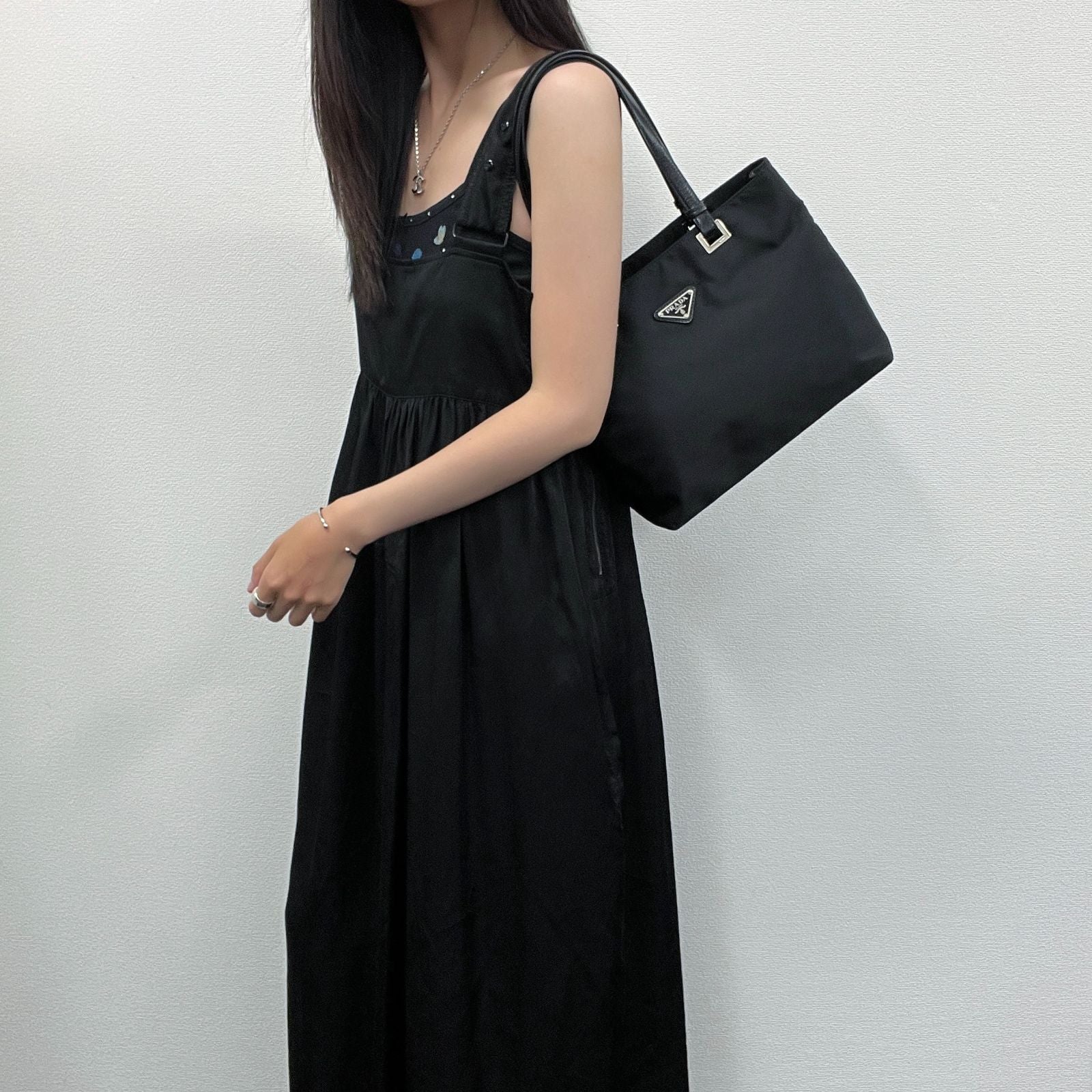 Prada Tessuto Nylon Triangle Logo Tote Bag Black Silver Vintage