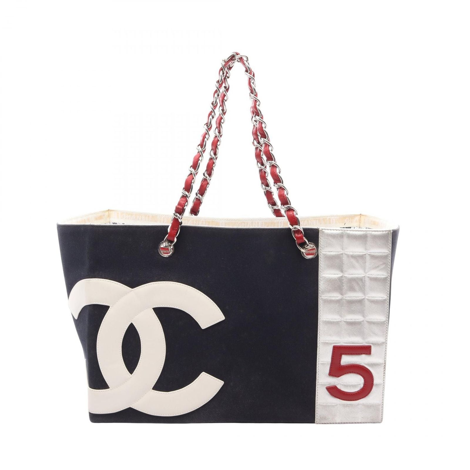Chanel Tote Bag Choco Bar CC Logo Navy Multi Canvas Leather Chain