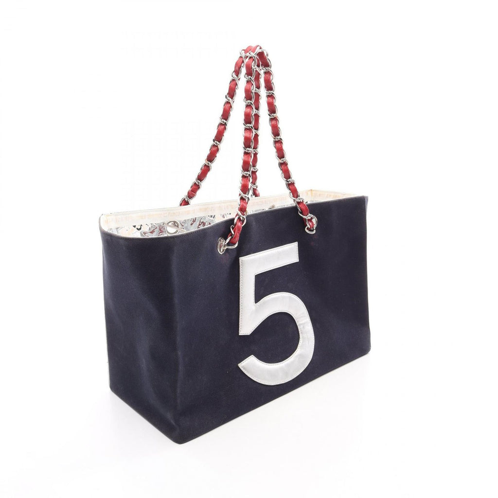Chanel Tote Bag Choco Bar CC Logo Navy Multi Canvas Leather Chain — view 2