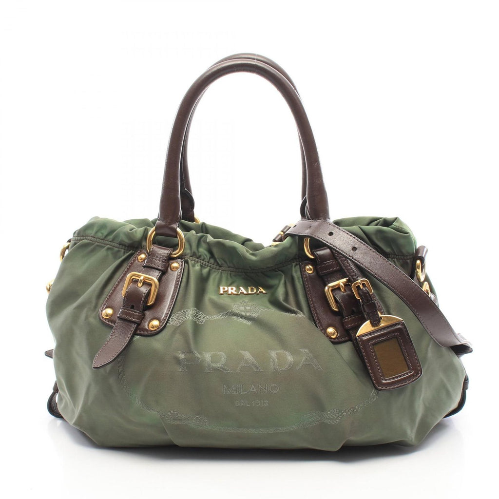Prada Handbag Nylon Jacquard 2-Way Khaki Dark Brown Logo Tote