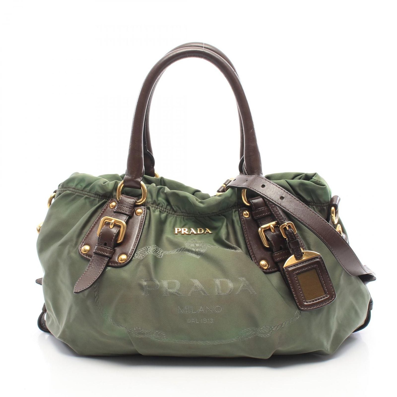 Prada Handbag Nylon Jacquard 2-Way Khaki Dark Brown Logo Tote