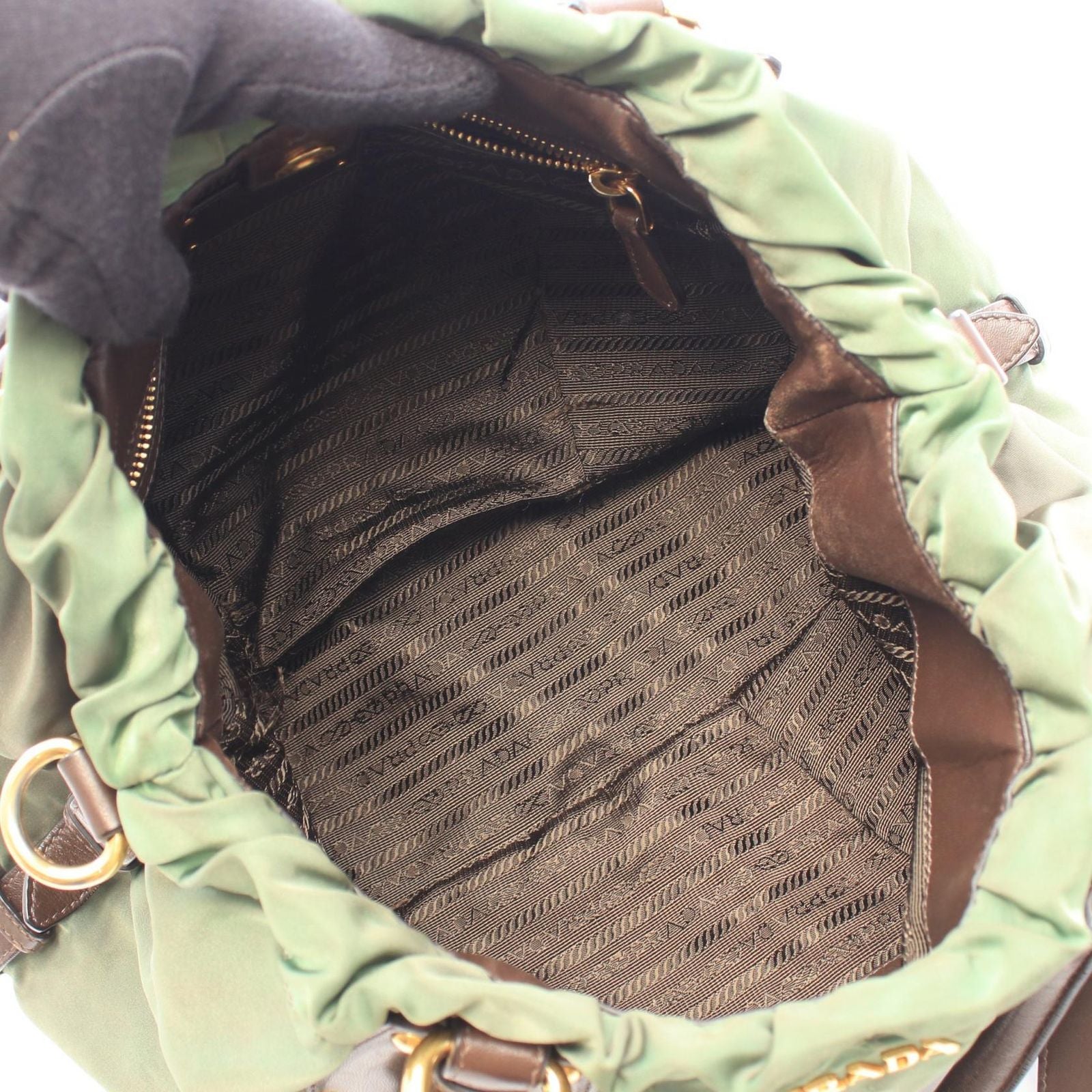 Prada Handbag Nylon Jacquard 2-Way Khaki Dark Brown Logo Tote — view 3