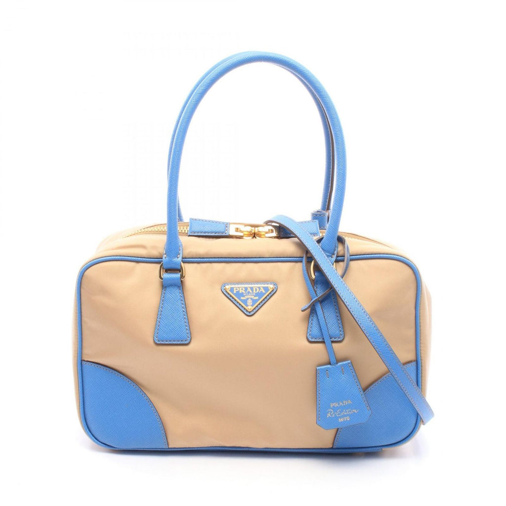Prada Handbag Triangle Logo 2-Way Beige Light Blue Nylon Leather