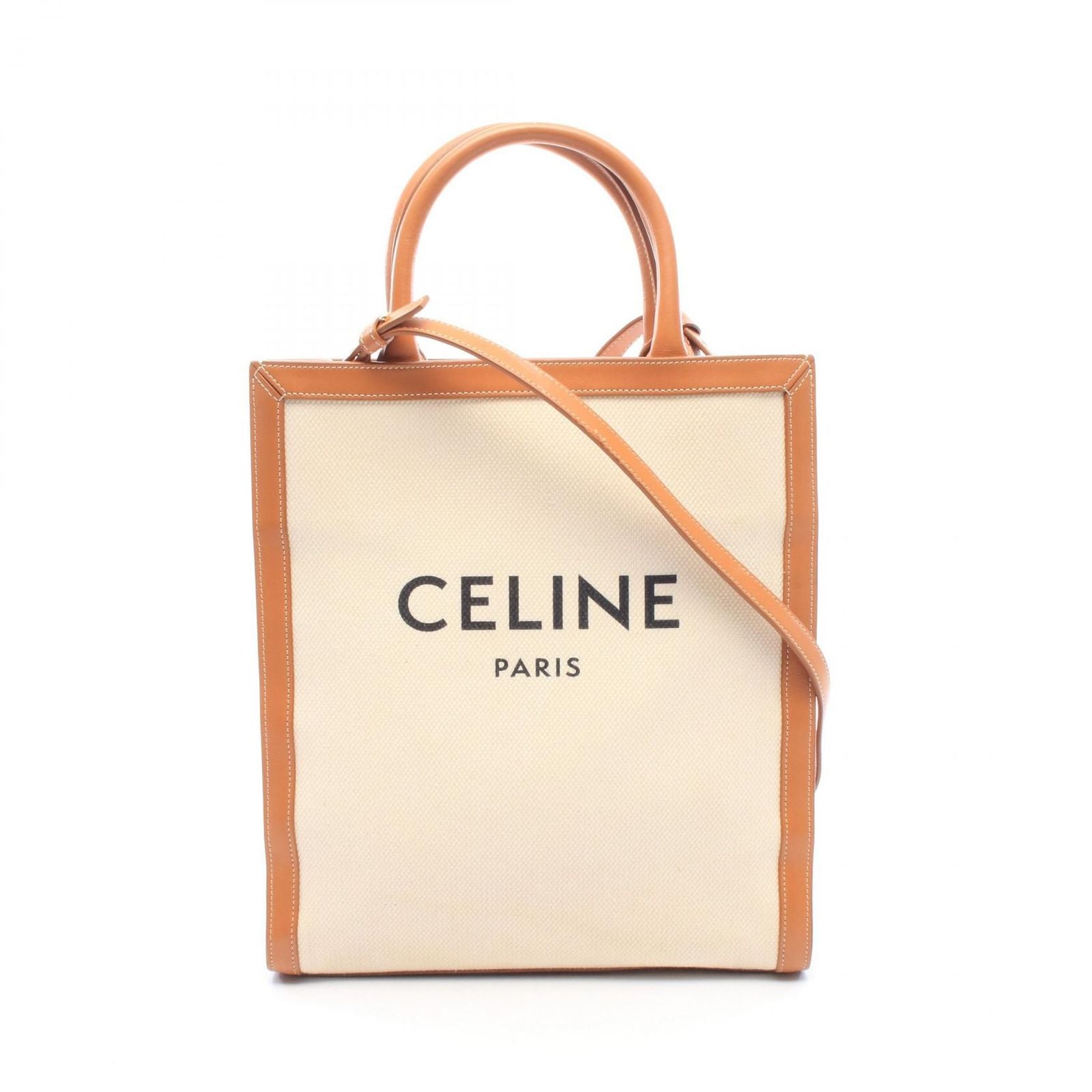 Celine Tote Bag Small Vertical Cabas 2-Way Ivory Camel Black Canvas Leather