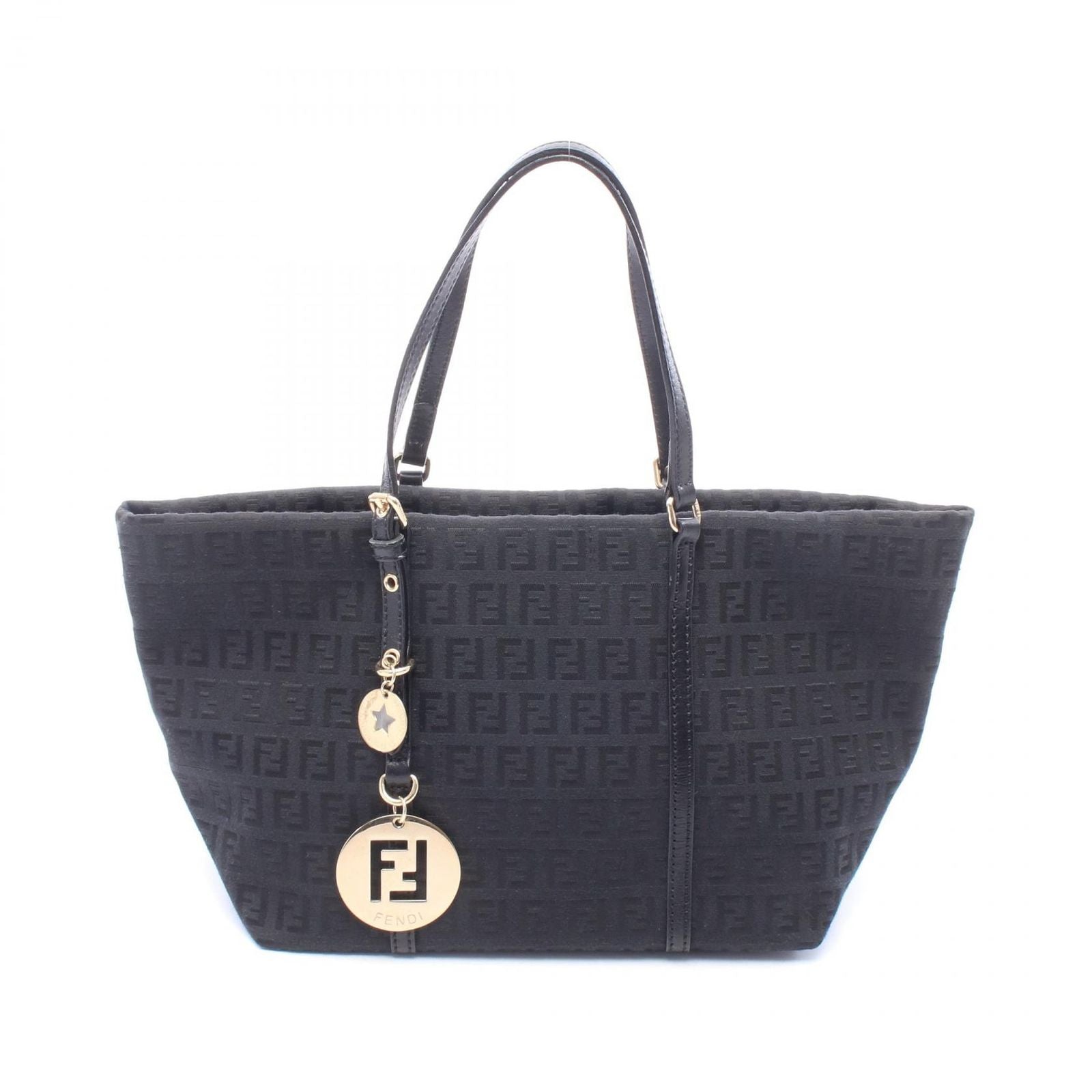 Fendi Tote Bag Zucchino Black Canvas Leather