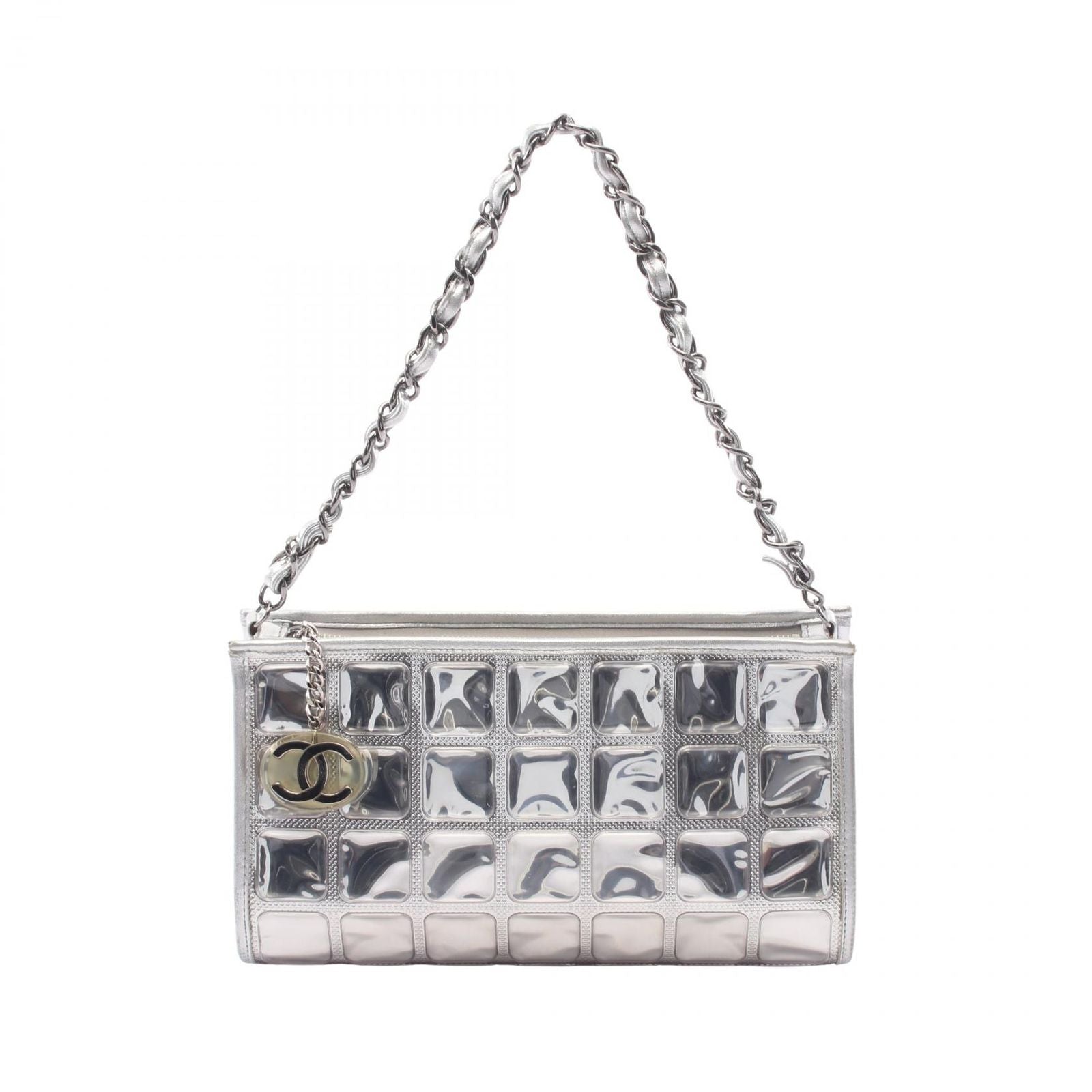 Chanel Handbag Ice Cube Silver Vinyl Leather Chain Shoulder Back