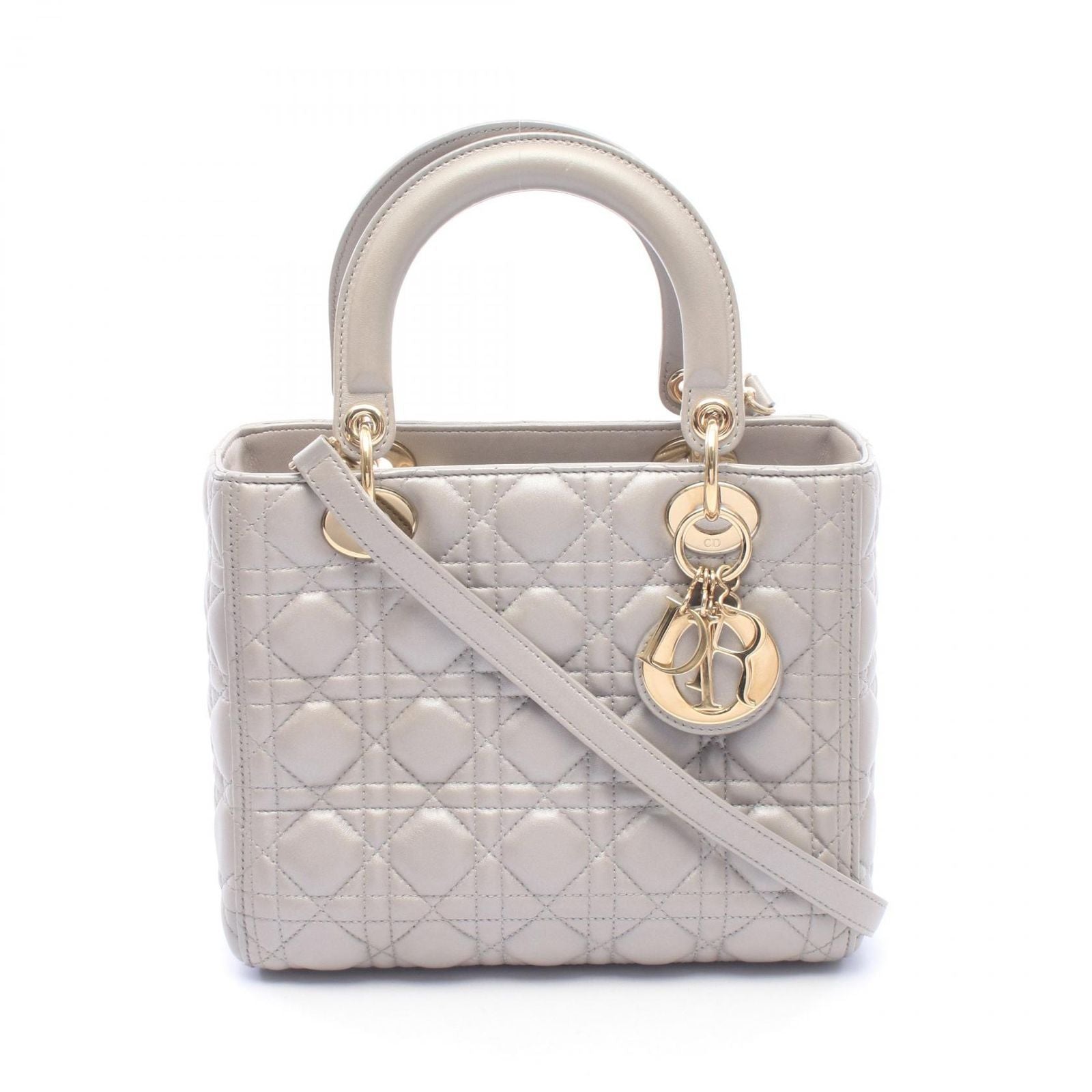 Dior Handbag Lady Dior 2-Way Silver Leather Tote Medium