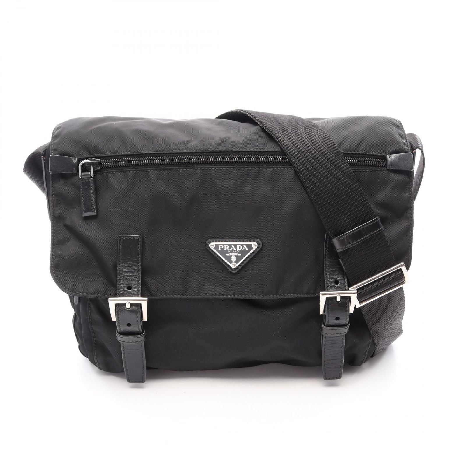 Prada Shoulder Bag Black Nylon Leather Triangle Logo