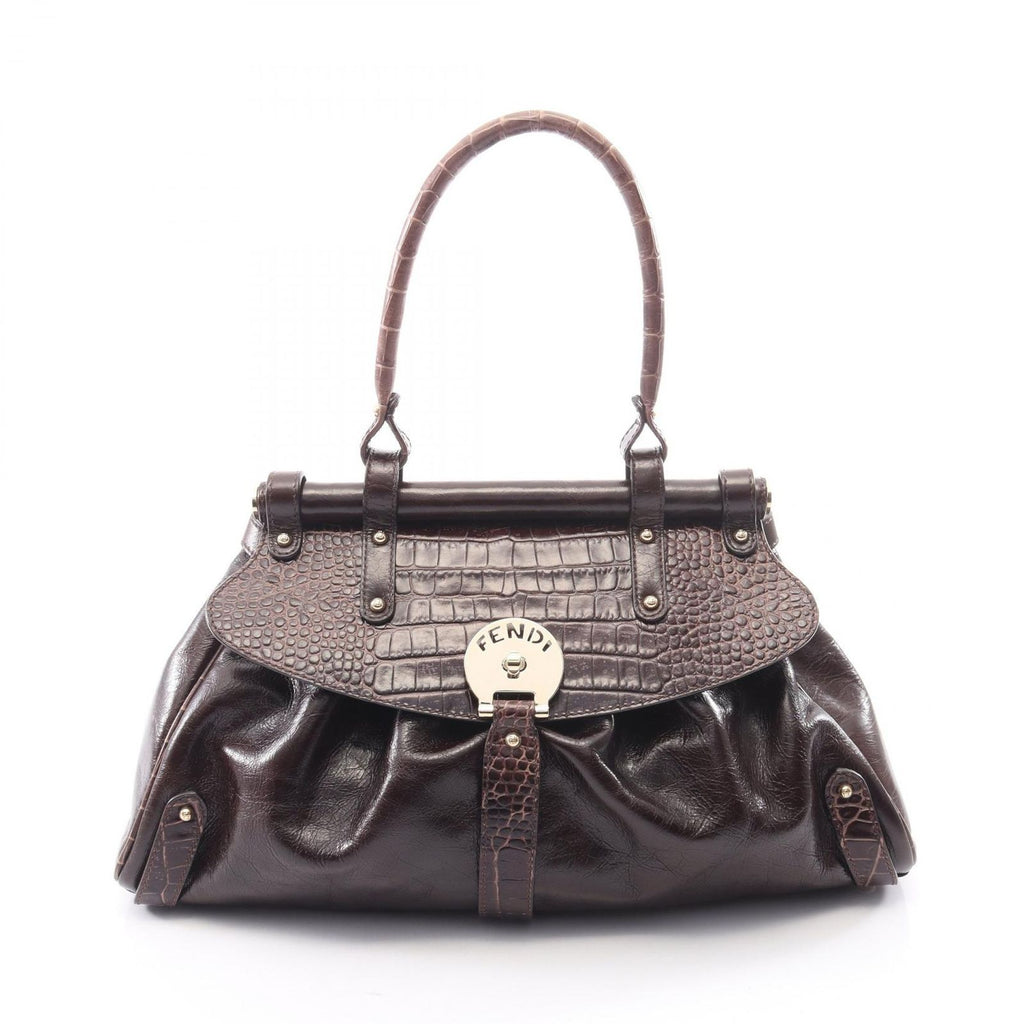 Fendi Handbag Bolsa Magic Croco Embossed Dark Brown Leather