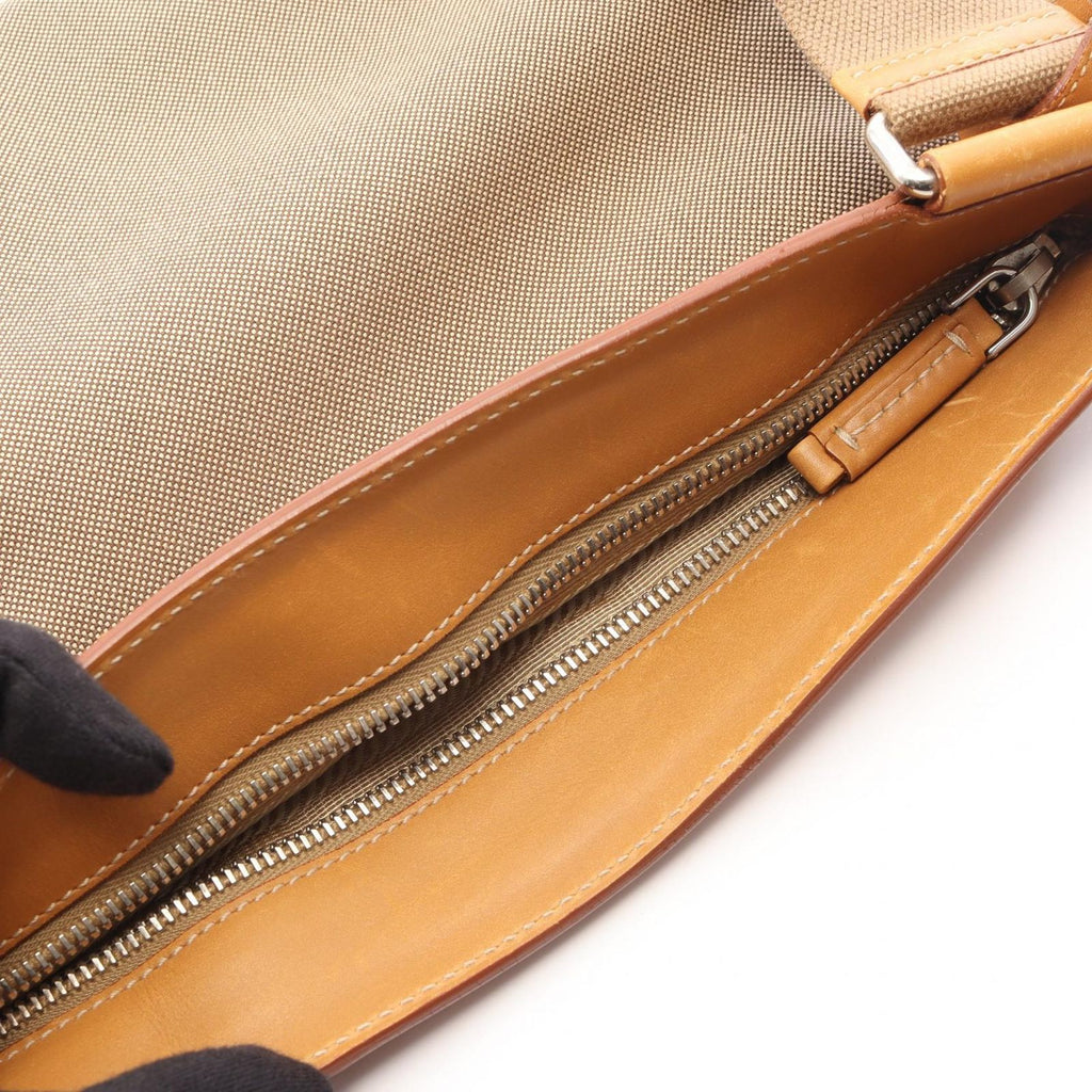 Prada Shoulder Bag Logo Jacquard Beige Camel Brown Canvas Leather — view 5