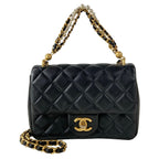 Chanel Shoulder Bag Mini Quilted Black Chain Gold Pearl Metal 2-Way