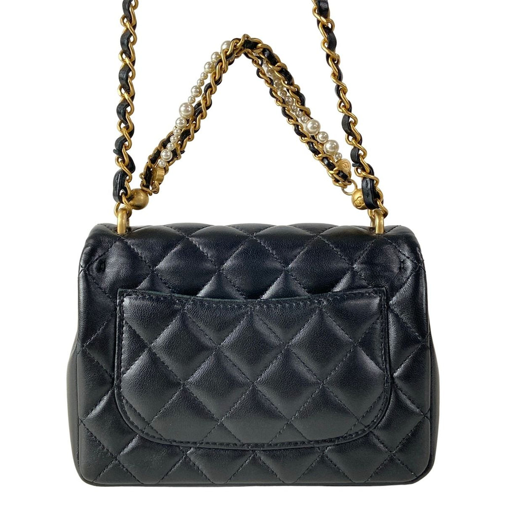 Chanel Shoulder Bag Mini Quilted Black Chain Gold Pearl Metal 2-Way — view 3