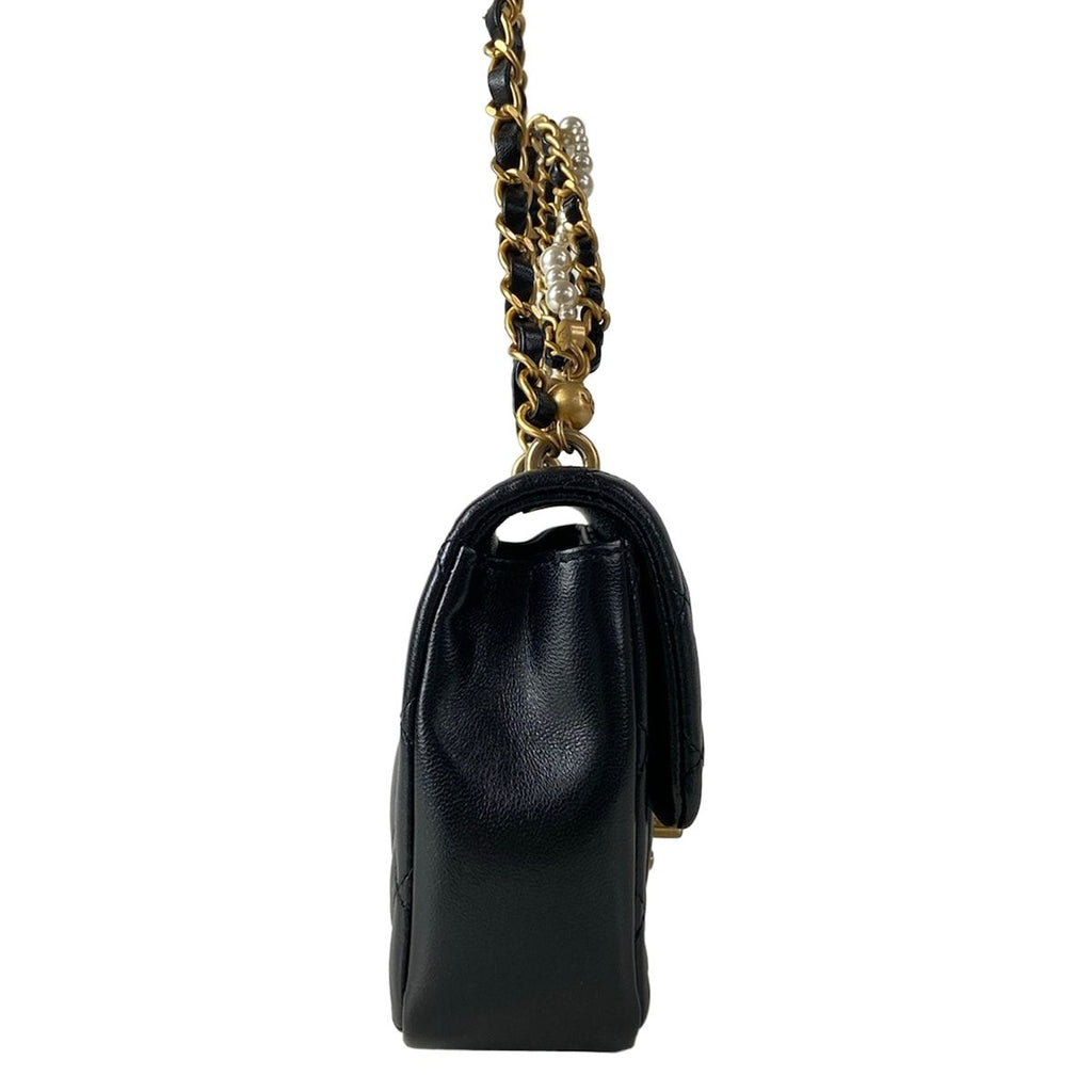 Chanel Shoulder Bag Mini Quilted Black Chain Gold Pearl Metal 2-Way — view 2