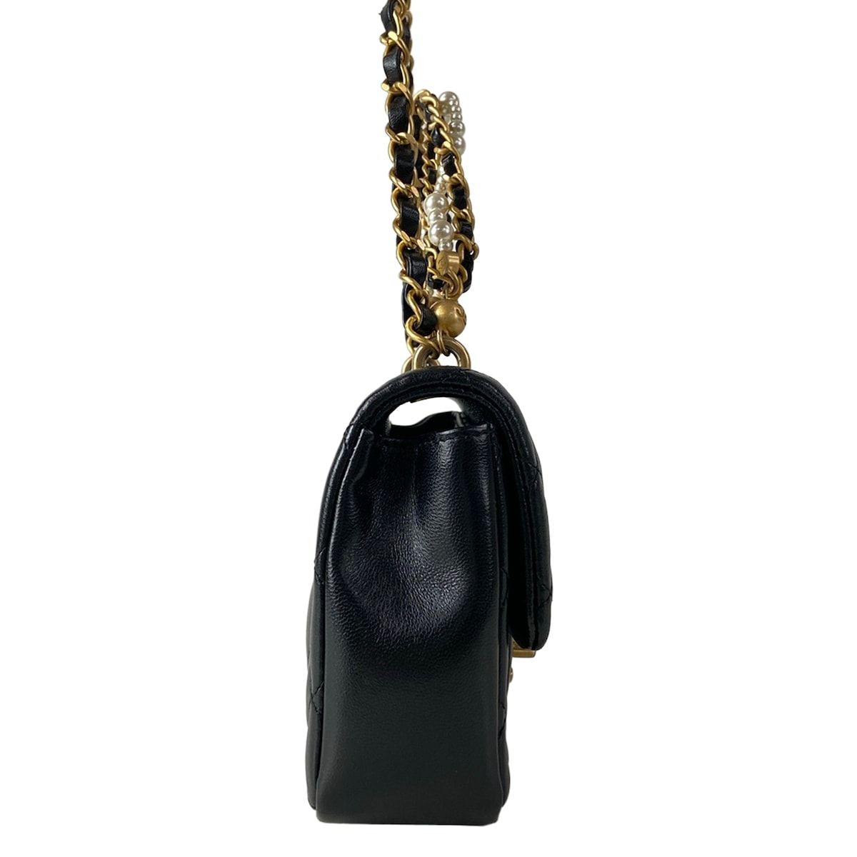 Chanel Shoulder Bag Mini Quilted Black Chain Gold Pearl Metal 2-Way — view 2