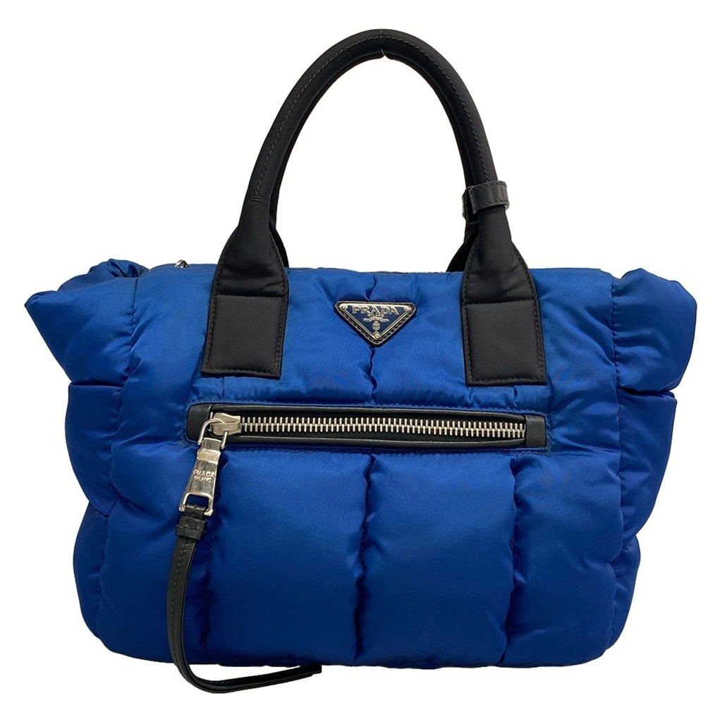 Prada Tote Bag Tessuto Bomber Blue Black Leather