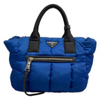 Prada Tote Bag Tessuto Bomber Blue Black Leather