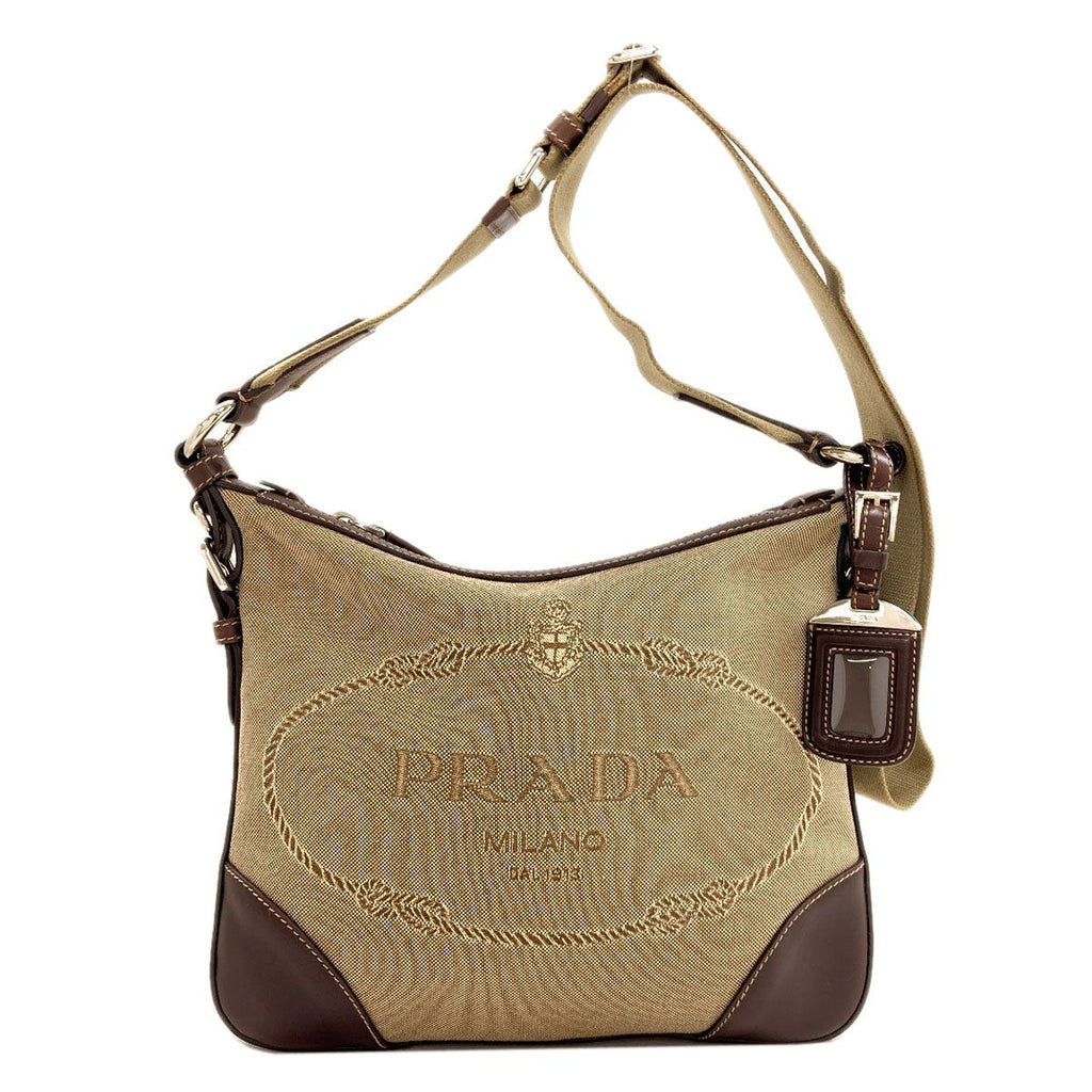 Prada Long Shoulder Logo Jacquard Bag Canvas Leather