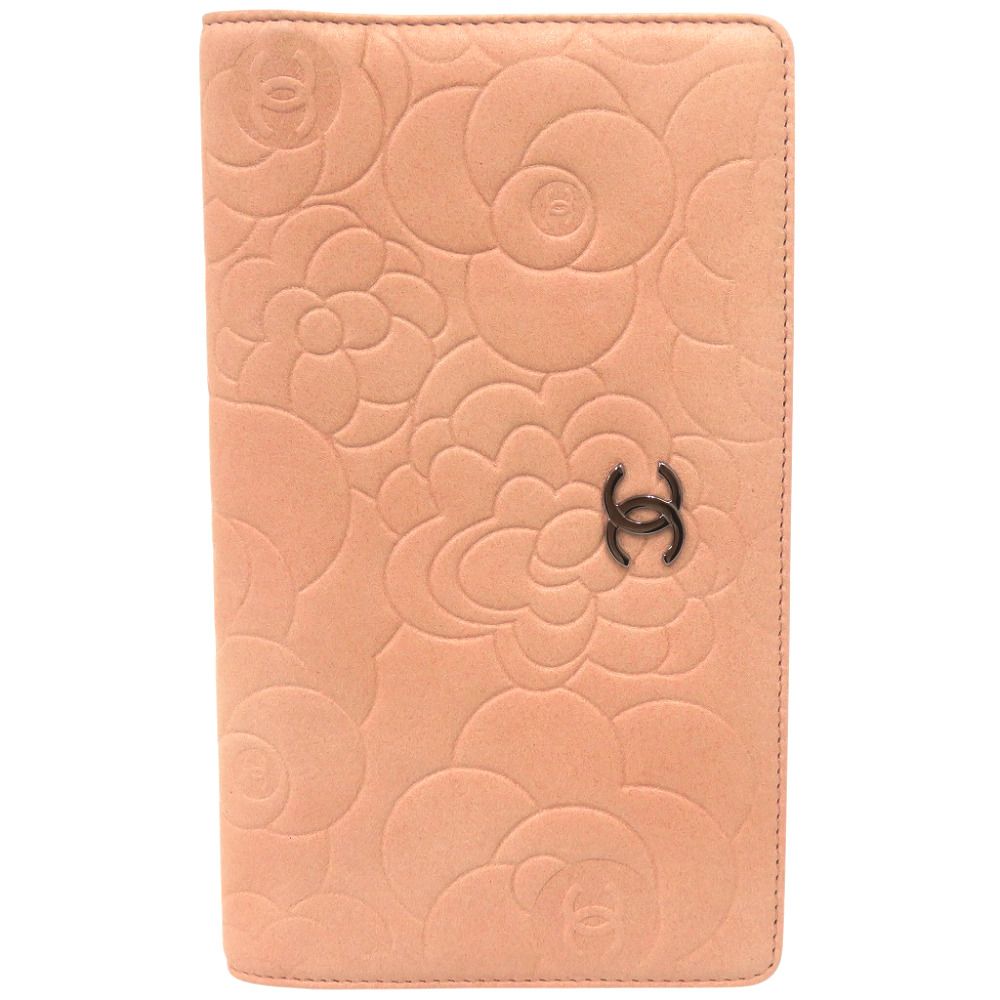 Chanel CC Logo Camellia Lambskin Bifold Wallet Pink Beige