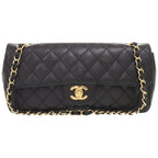 Chanel Quilted East West CC Logo Caviar Leather Gold Black Chain Shoulder Bag