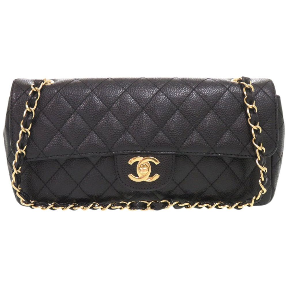 Chanel Quilted East West CC Logo Caviar Leather Gold Black Chain Shoulder Bag