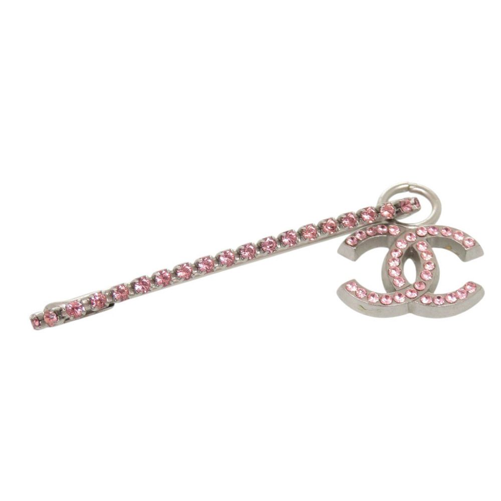 Chanel CC Logo Safety Pin Brooch Metal Rhinestone Silver Pink — view 4