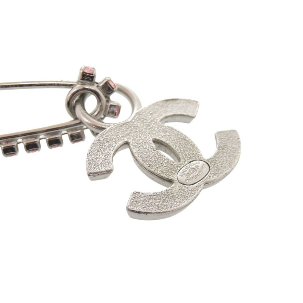 Chanel CC Logo Safety Pin Brooch Metal Rhinestone Silver Pink — view 5