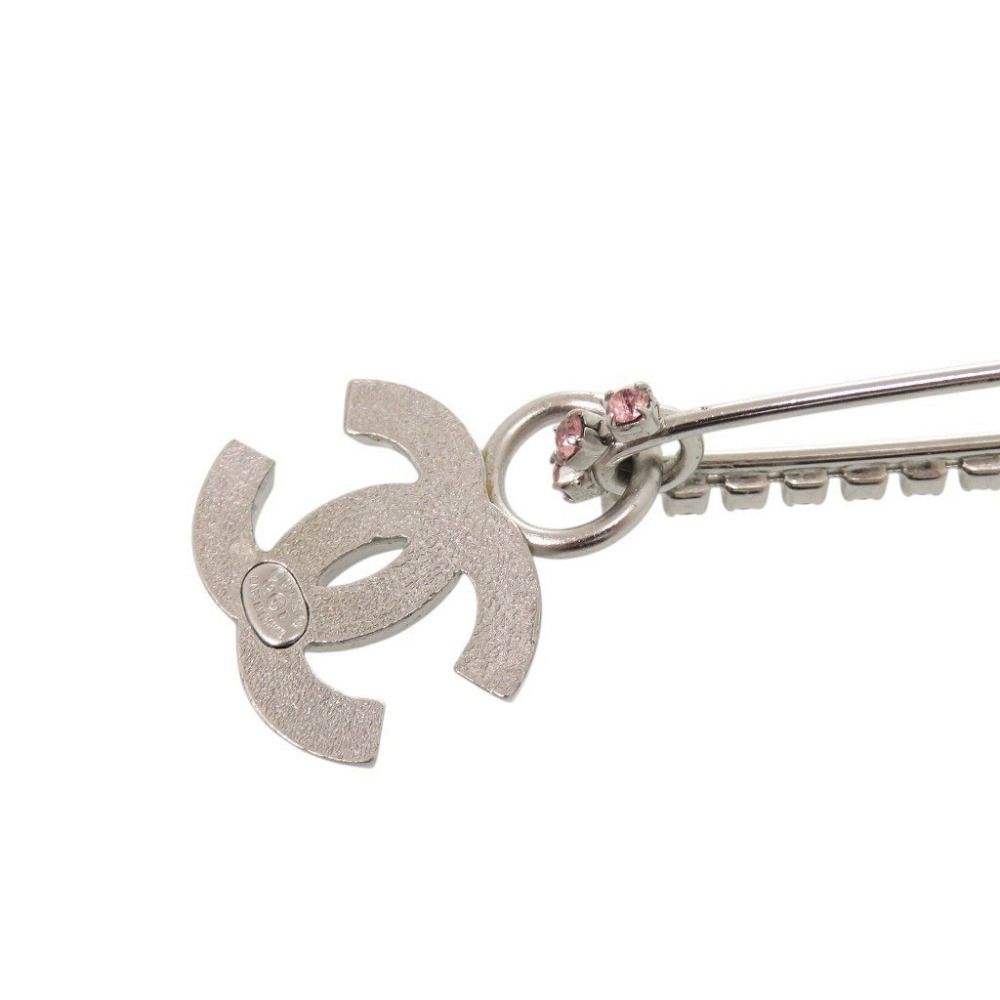 Chanel CC Logo Safety Pin Brooch Metal Rhinestone Silver Pink — view 6