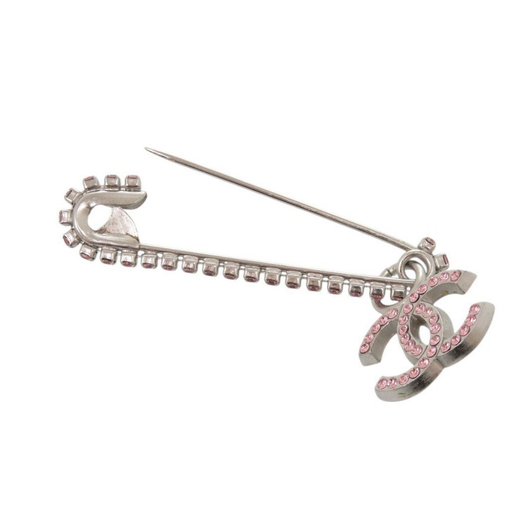 Chanel CC Logo Safety Pin Brooch Metal Rhinestone Silver Pink — view 3
