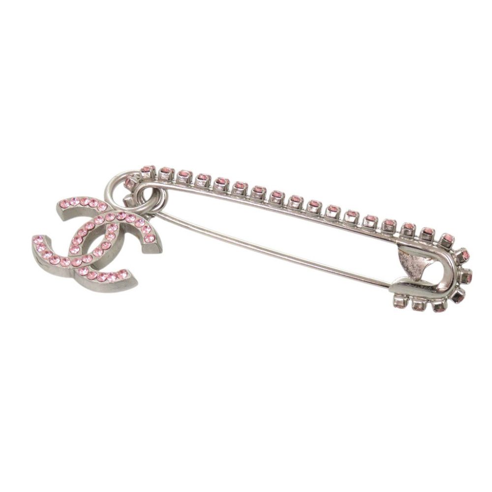 Chanel CC Logo Safety Pin Brooch Metal Rhinestone Silver Pink