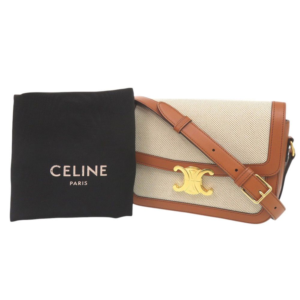Celine Classic Triomphe Calfskin Textile Natural Tan Shoulder Bag — view 2