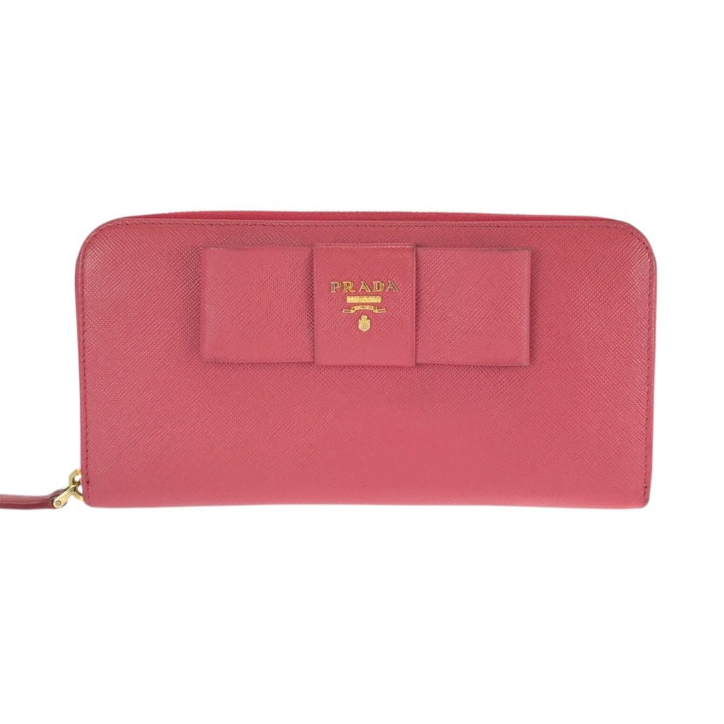Prada Saffiano Fiocco Pink Gold Leather Wallet Zip Around