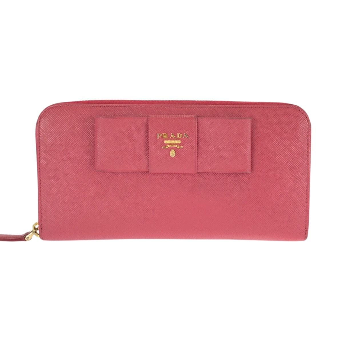Prada Saffiano Fiocco Pink Gold Leather Wallet Zip Around