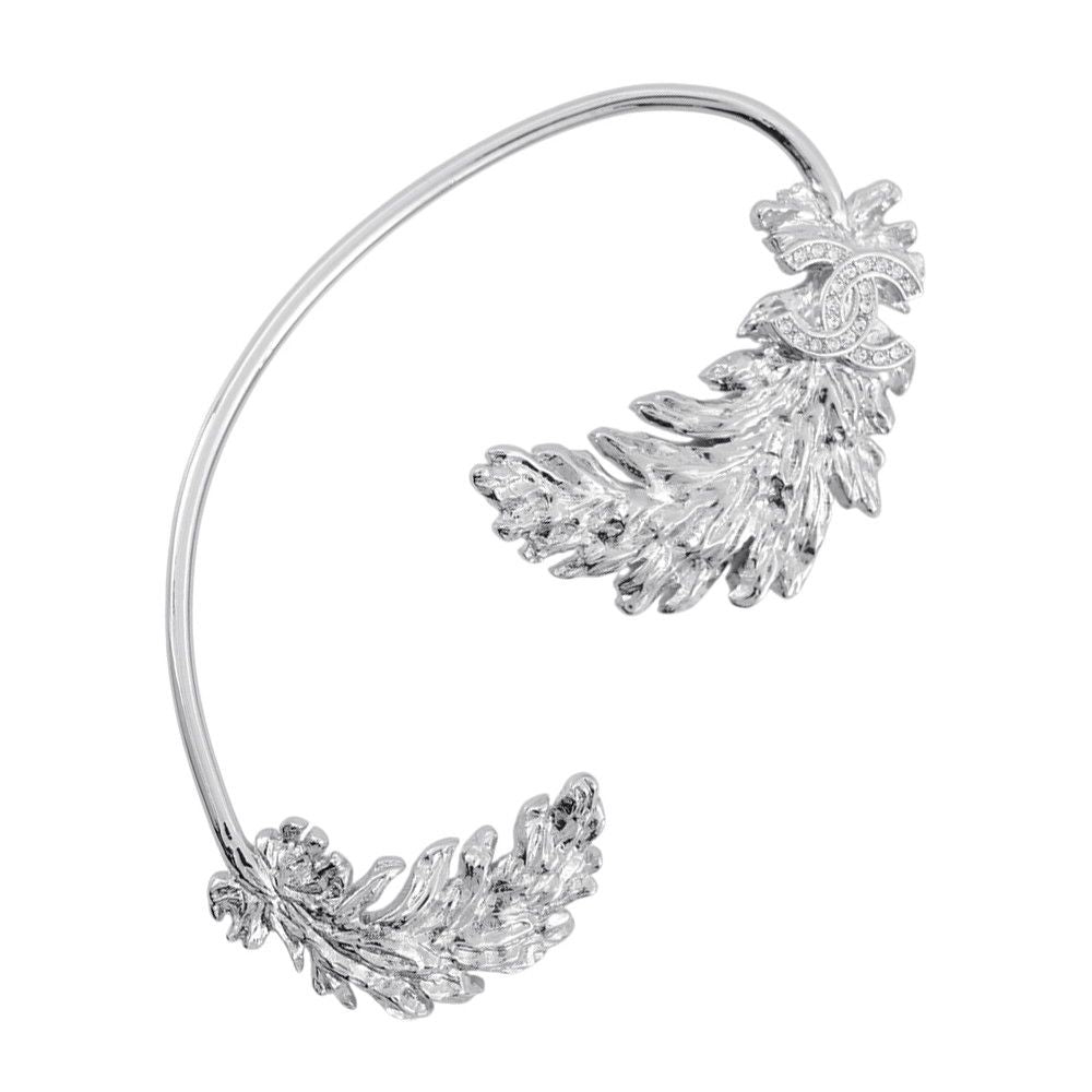 Chanel CC Logo Feather Motif Right Ear Metal Rhinestone Earring
