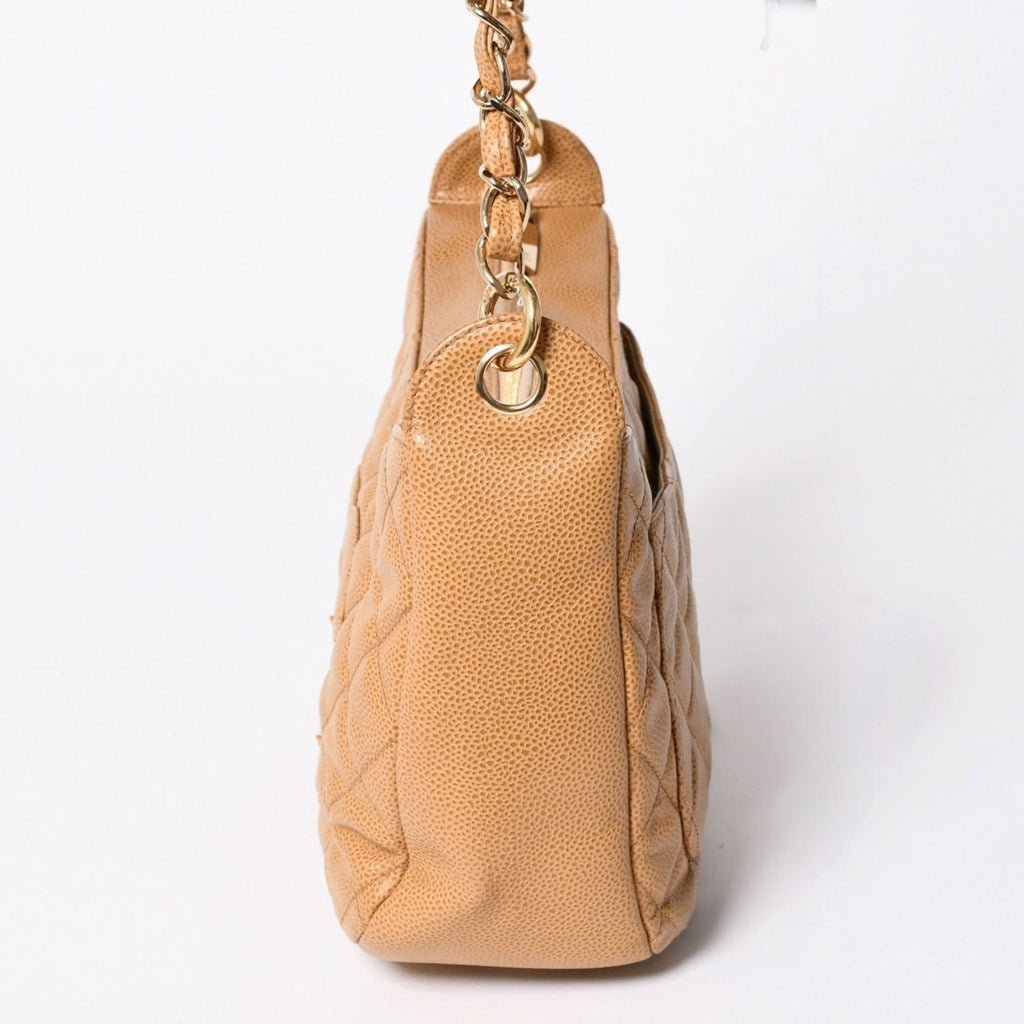 Chanel Chain Bag CC Logo Patch Caviar Leather Beige Gold — view 4